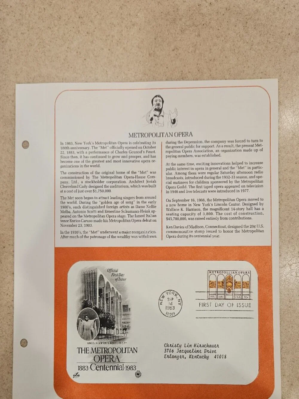 RARE COLLECTIBLE USPS 1ST DAY ISSUE METROPOLITAN OPERA LINCOLN CENTER STAMP FDC